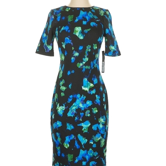 Marc New York Andrew Marc Dresses & Skirts - Elegant Black Midi Dress with Blue and Green Patterns